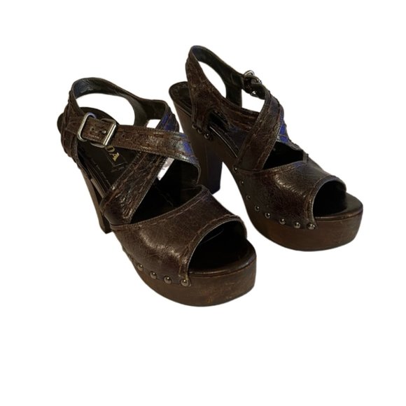Prada distressed leather, wood platform/heel shoes Size 5 - Picture 2 of 10